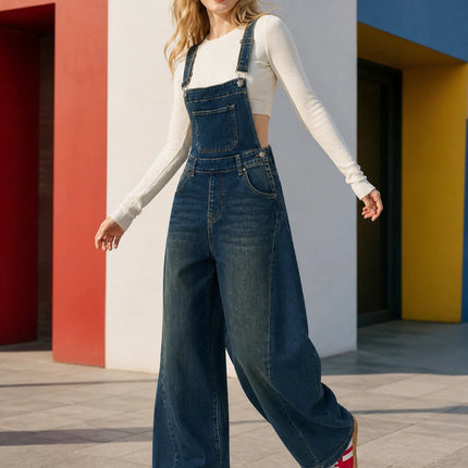 Women's Lantern Leg Jeans Overalls in Blue Denim Vintage Wash, Adjustable Straps, Comfortable Loose Fit, Urban Casual Style for Leisure Outings Yw‑1890