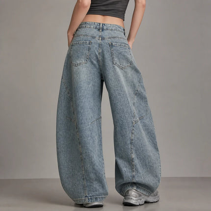 Y2K women’s cross-waist baggy jeans, light-wash effect wide-leg denim trousers with decorative rips and asymmetrical stitching, streetwear style, sizes XS‑S‑M‑L YW1587