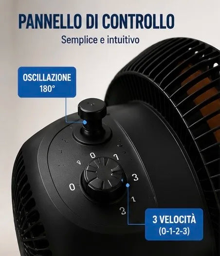 Ventilatore Turbo a Piantana 60W Ø35 cm – Oscillazione 180° e Altezza Regolabile 84-114 cm