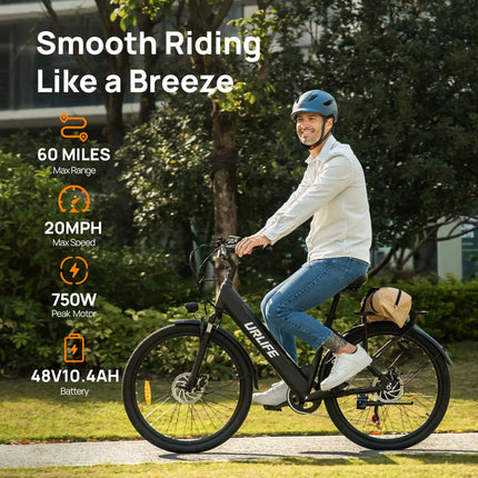 Bicicletta Elettrica URLIFE E26 750W Peak per Adulti, Pneumatici 26×2 Pollici, Batteria Rimovibile 36V 13Ah, Display LCD, Freni a Disco Idraulici a 7 Velocità, E-Bike per Pendolari Urbani