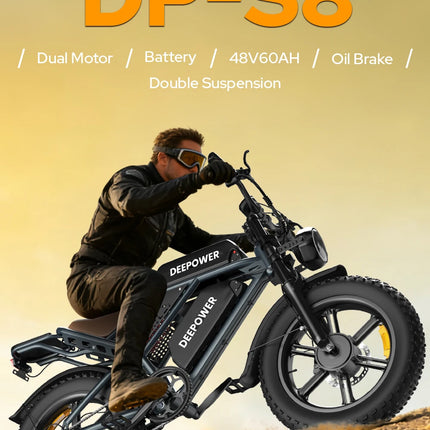 Bicicletta Elettrica DEEPOWER S8 3500W Doppio Motore 48V 60Ah Doppia Batteria Bici Elettrica Fuoristrada Pneumatici Larghi 20 Pollici E-bike per Tutti i Terreni