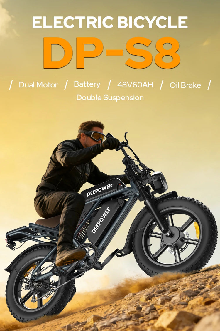 Bicicletta Elettrica DEEPOWER S8 3500W Doppio Motore 48V 60Ah Doppia Batteria Bici Elettrica Fuoristrada Pneumatici Larghi 20 Pollici E-bike per Tutti i Terreni
