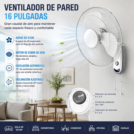 Ventilatore da parete, ventilatore da parete bianco ad alto flusso, ventilatore regolabile a 3 velocità per casa, ufficio e garage