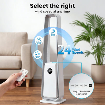 Ventilatore 3-in-1 con opzioni selezionabili: DC con luce, DC senza luce o AC; modalità naturale, normale e sleep.
