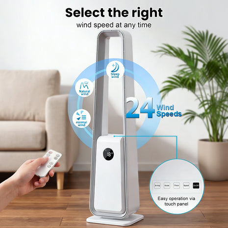 Ventilatore 3-in-1 con opzioni selezionabili: DC con luce, DC senza luce o AC; modalità naturale, normale e sleep.