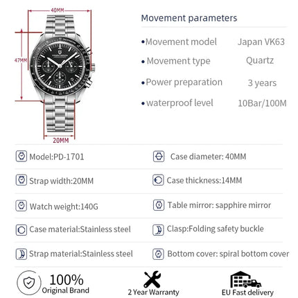 Nuovo Orologio da Uomo PAGANI DESIGN V6 Moon 2026, Orologio al Quarzo di Lusso, Cronografo Sportivo con Vetro Zaffiro Protettivo AR Luminoso