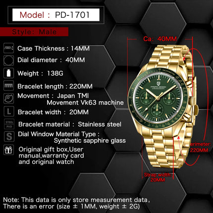 Nuovo Orologio da Uomo PAGANI DESIGN V6 Moon 2026, Orologio al Quarzo di Lusso, Cronografo Sportivo VK63, Vetro Zaffiro AR, Impermeabile, Luminoso, Regalo