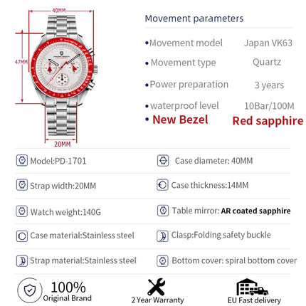 PAGANI DESIGN 2026 Nuovo Orologio da Polso da Uomo Rosso di Lusso al Quarzo Cronografo Automatico con Data Impermeabile Spedizione Locale