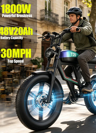 Bicicletta Elettrica T20 con Batterie agli Ioni di Litio ad Alta Capacità 48V20Ah, Bici Elettrica per Adulti con Pneumatici All-Terrain 20'X4.0', Mountain Bike Elettrica per Adulti
