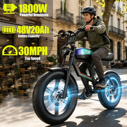 Bicicletta Elettrica T20 con Batterie agli Ioni di Litio ad Alta Capacità 48V20Ah, Bici Elettrica per Adulti con Pneumatici All-Terrain 20'X4.0', Mountain Bike Elettrica per Adulti