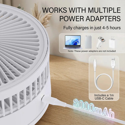 Ventilatore portatile pieghevole senza fili con telecomando, ventilatore da tavolo ricaricabile USB da 8000 mAh, 4 velocità del vento, funzionamento silenzioso, altezza regolabile, piccolo ventilatore da scrivania per casa,