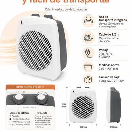 Extrahouse-2000W Portable Fan Heater with Copper Motor, 2 Heat Levels, Cold Air Function and Overheat Protection