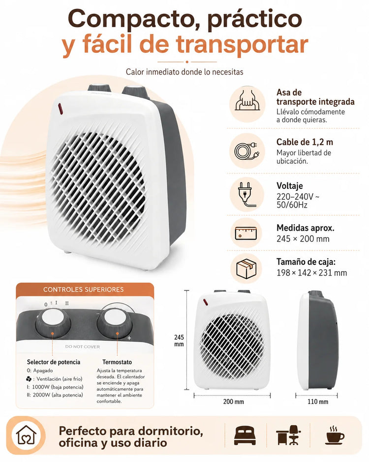 Extrahouse-2000W Portable Fan Heater with Copper Motor, 2 Heat Levels, Cold Air Function and Overheat Protection
