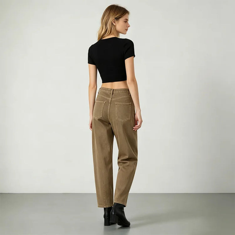 Jeans ballet woman khaki high waist wash vintage denim soft fit large pockets urban streetwear casual style ruffled silhouette ideal for daily outfits and outings FX5314-5