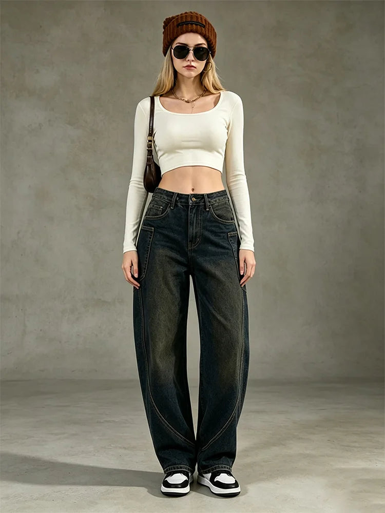 Women's Jeans Sickle Wide Leg Denim Dark Wash Vintage High Waist Comfy Wide Model Casual Streetwear For Daily Outputs No Restriction Jeans pants, Non Deformation Resistant Fabric FX5358