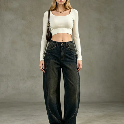 Women's Jeans Sickle Wide Leg Denim Dark Wash Vintage High Waist Comfy Wide Model Casual Streetwear For Daily Outputs No Restriction Jeans pants, Non Deformation Resistant Fabric FX5358