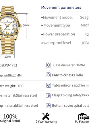 Orologi da uomo PAGANI DESIGN DD36 Gold, orologio automatico di lusso da uomo, vetro zaffiro AR, orologio da polso meccanico, consegna dal magazzino UE.