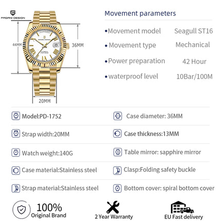 Orologi da uomo PAGANI DESIGN DD36 Gold, orologio automatico di lusso da uomo, vetro zaffiro AR, orologio da polso meccanico, consegna dal magazzino UE.