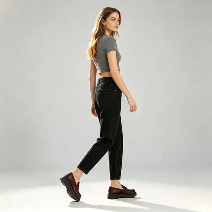 Black Black woman Balloon Jeans High Waist Dark Wash Soft Fit Loose Pockets Classic Casual Urban Streetwear Curled Silhouette Ideal For Daily Outfits Outings FX5314-3