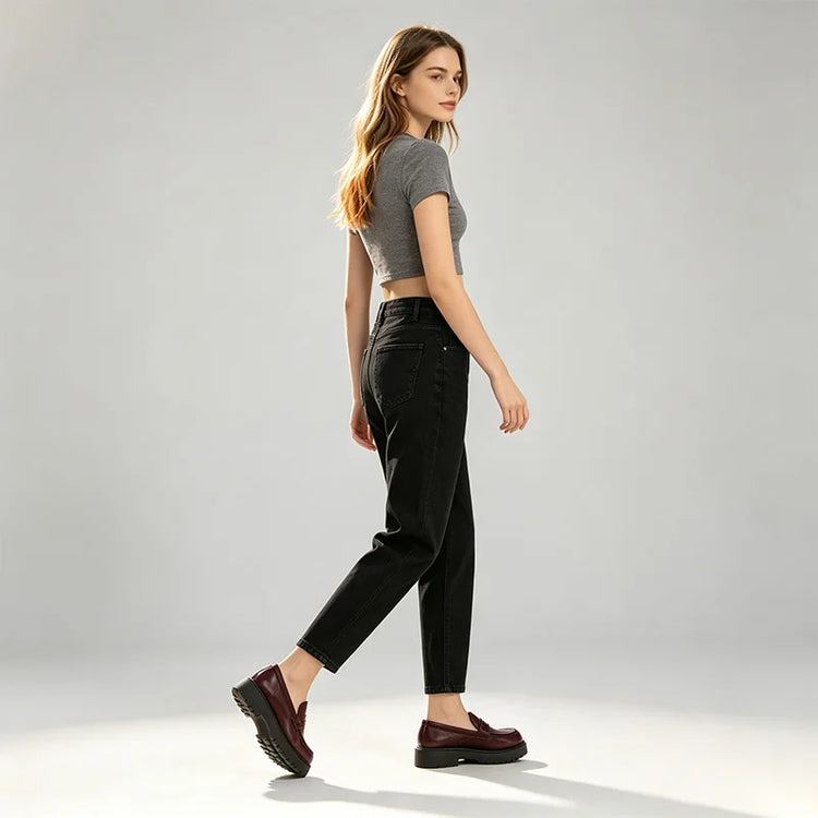 Black Black woman Balloon Jeans High Waist Dark Wash Soft Fit Loose Pockets Classic Casual Urban Streetwear Curled Silhouette Ideal For Daily Outfits Outings FX5314-3