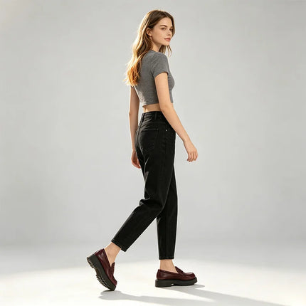 Black Black woman Balloon Jeans High Waist Dark Wash Soft Fit Loose Pockets Classic Casual Urban Streetwear Curled Silhouette Ideal For Daily Outfits Outings FX5314-3