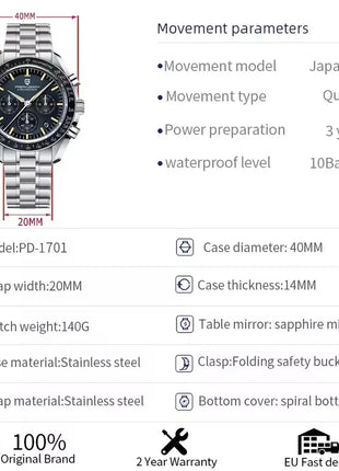 PAGANI DESIGN Nuovo Orologio da Uomo di Lusso al Quarzo con Vetro Zaffiro AR, Cronografo Sportivo Impermeabile 500 ATM, Movimento Giapponese, Luminoso, in Acciaio 316L