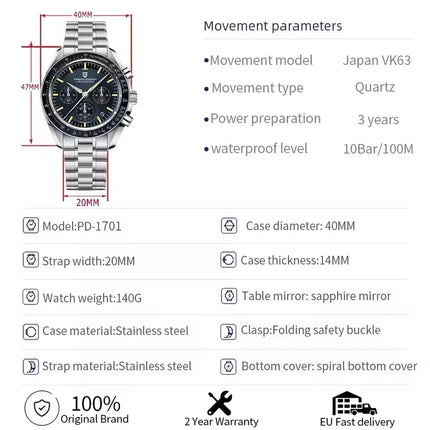 PAGANI DESIGN Nuovo Orologio da Uomo di Lusso al Quarzo con Vetro Zaffiro AR, Cronografo Sportivo Impermeabile 500 ATM, Movimento Giapponese, Luminoso, in Acciaio 316L