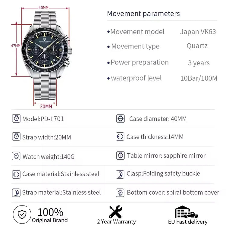 PAGANI DESIGN Nuovo Orologio da Uomo di Lusso al Quarzo con Vetro Zaffiro AR, Cronografo Sportivo Impermeabile 500 ATM, Movimento Giapponese, Luminoso, in Acciaio 316L
