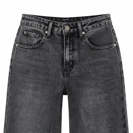 Women's Wide Leg High Waist Jeans, Black‑Gray Vintage Acid Wash Denim, Frayed Hem, Engraved Pattern Fabric, Loose Fit Shaping Legs, Y2K Street Style, Ideal for Urban Outings, Walks, Dates Fx5153