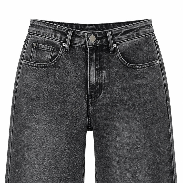 Women's Wide Leg High Waist Jeans, Black‑Gray Vintage Acid Wash Denim, Frayed Hem, Engraved Pattern Fabric, Loose Fit Shaping Legs, Y2K Street Style, Ideal for Urban Outings, Walks, Dates Fx5153