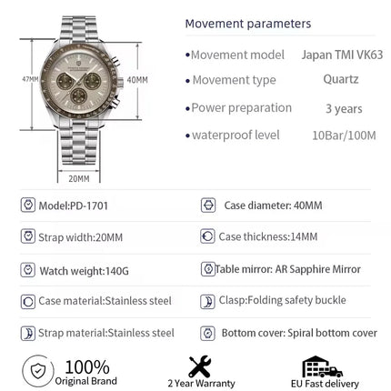 PAGANI DESIGN 2026 Nuovo Orologio da Uomo di Lusso con Vetro Zaffiro AR, Cronografo Sportivo con Quadrante Tachimetro 500, in Acciaio 316L, Luminoso