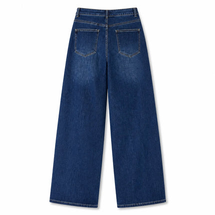 Woman High Waist Wide Leg Jeans Dark Blue Classic Wash Denim Elastic Soft Fit Modern Casual Ideal For Daily Outing And Urban Look Values The Silhouette Hails Legs YW1190