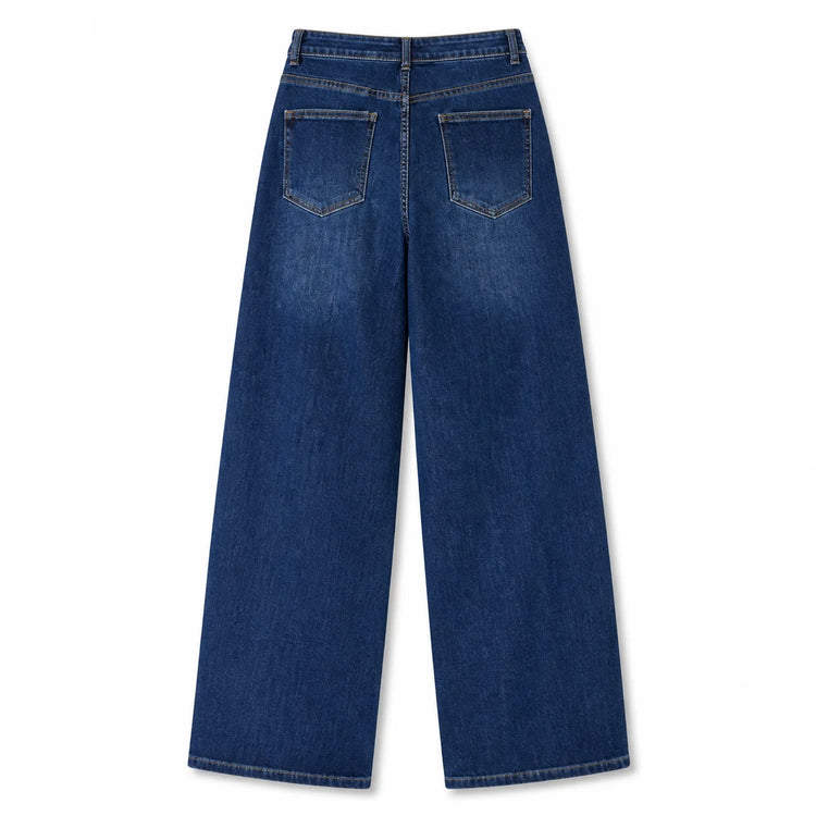 Woman High Waist Wide Leg Jeans Dark Blue Classic Wash Denim Elastic Soft Fit Modern Casual Ideal For Daily Outing And Urban Look Values The Silhouette Hails Legs YW1190