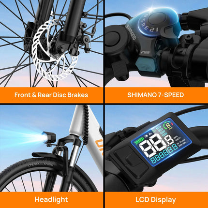Bicicletta Elettrica URLIFE E26 con Pneumatici 26x2 Pollici, Batteria Rimovibile 48V 10.4Ah, Display LCD, 7 Velocità, Freno a Disco Idraulico, per Adulti e Città
