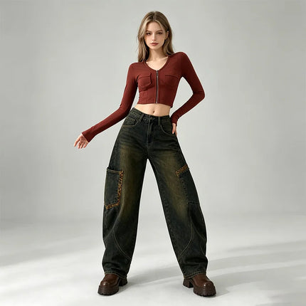 Women's Jeans Cargo Balloon High Waist Denim Blue Vintage Effect Details Leopard Pockets Big pants Streetwear Y2K for Urban Leisure Outings FX5355-1