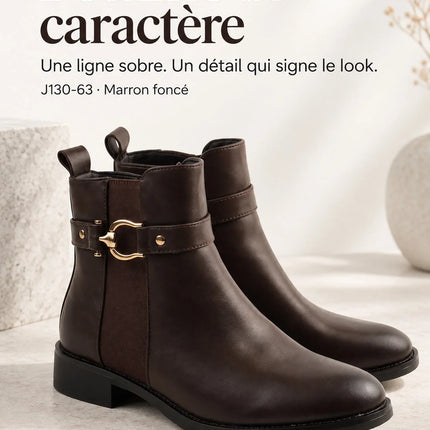 Bel Chou's J130-63 Women's Dark Brown Low Heel Boots with Inner Zipper and Gold Buckle