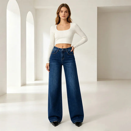 Woman High Waist Wide Leg Jeans Dark Blue Classic Wash Denim Elastic Soft Fit Modern Casual Ideal For Daily Outing And Urban Look Values The Silhouette Hails Legs YW1190