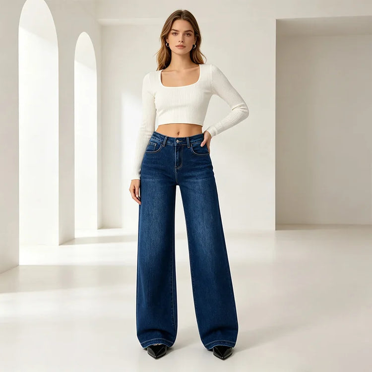 Woman High Waist Wide Leg Jeans Dark Blue Classic Wash Denim Elastic Soft Fit Modern Casual Ideal For Daily Outing And Urban Look Values The Silhouette Hails Legs YW1190