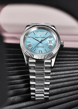 Orologio automatico di lusso Blue DESIGN Ice Blue per uomo, orologio da polso meccanico in acciaio inossidabile, impermeabile, vetro zaffiro AR, consegna locale