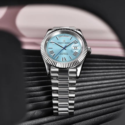 Orologio automatico di lusso Blue DESIGN Ice Blue per uomo, orologio da polso meccanico in acciaio inossidabile, impermeabile, vetro zaffiro AR, consegna locale
