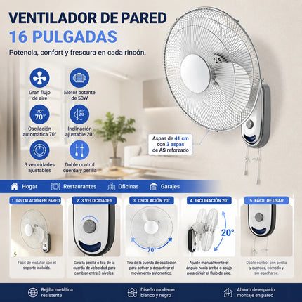 Ventilatore da parete, ventilatore da parete bianco ad alto flusso, ventilatore regolabile a 3 velocità per casa, ufficio e garage