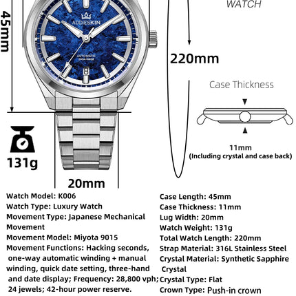 AddiesKin K006 Luxury Men Mechanical Watch Miyota9015 Crystallized Titanium Automatic Sapphire Crystal Waterproof Luminous Gift