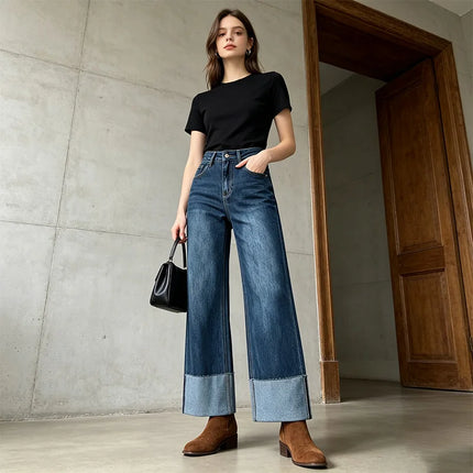 Women's Wide Leg High Waist Jeans with Frayed Hem, Classic Wash Blue Denim Pants, French Casual Style, Soft Fabric with Good Drape for Outings and Leisure Yw-1329