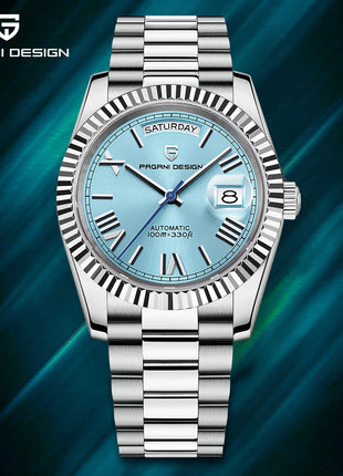 Orologio automatico di lusso Blue DESIGN Ice Blue per uomo, orologio da polso meccanico in acciaio inossidabile, impermeabile, vetro zaffiro AR, consegna locale