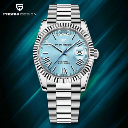 Orologio automatico di lusso Blue DESIGN Ice Blue per uomo, orologio da polso meccanico in acciaio inossidabile, impermeabile, vetro zaffiro AR, consegna locale
