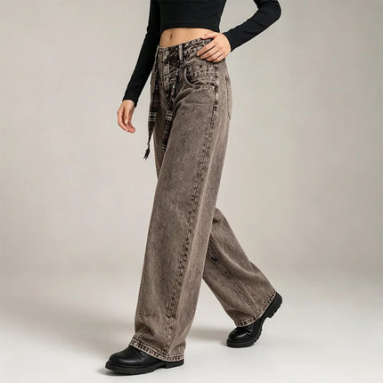Women's Loose Barrel-Cut Jeans in Grey Acid Wash with Floral Print, Asymmetrical Stitching, Trendy High-Waisted Design, Urban Grunge Streetwear Style, Comfortable Pants, Durable Denim Fabric That Enhances the Silhouette, Fx53
