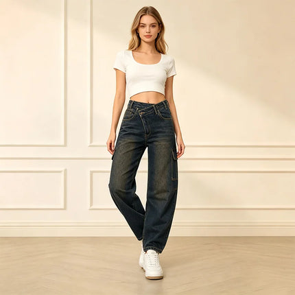 Blue cargo woman Jeans Cross-Waist Double buttons Denim Wash Vintage Fit Loose Side Pockets Perfect for Urban Streetwear Casual, Comfortable, Trendy Everyday Look FX912