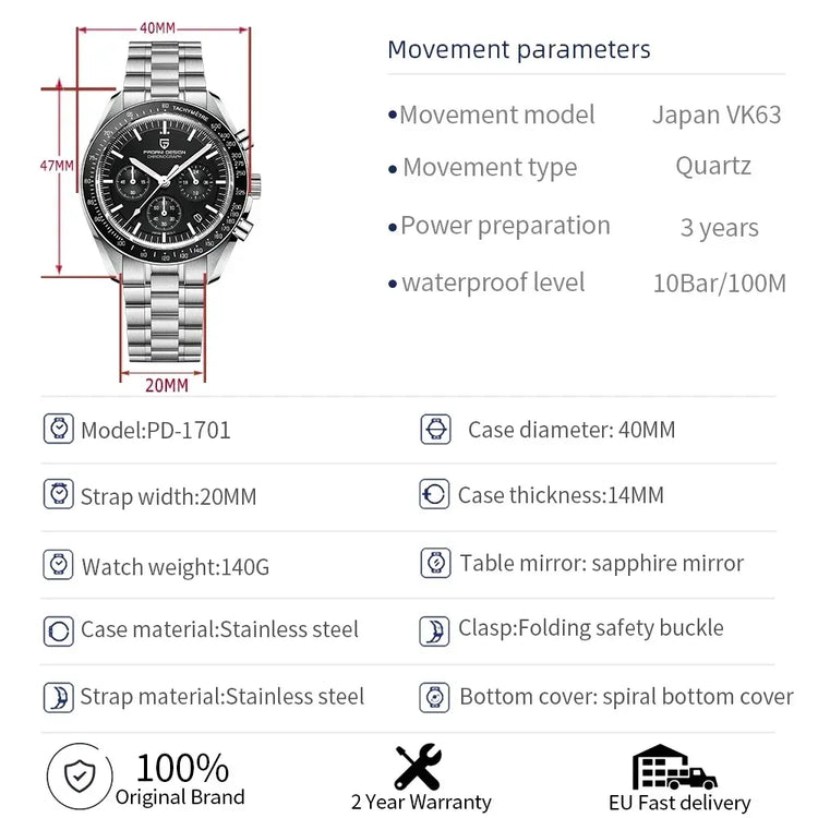 Nuovo orologio da uomo PAGANI DESIGN V6 Moon 2026, orologio al quarzo di lusso VK63 per uomo, impermeabile, cronografo sportivo veloce, vetro AR zaffiro, vetro in ceramica leggera, acciaio inossidabile, orologio alla moda.