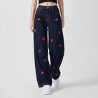 Women’s wide-leg high-waisted jeans with heart and flowers embroidery, Y2K-style cute dark blue denim trousers, fashionable casual streetwear pants, sizes XS–XL sold individually FX5309