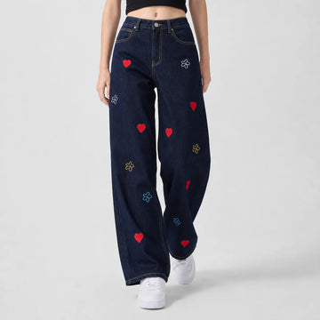 Women’s wide-leg high-waisted jeans with heart and flowers embroidery, Y2K-style cute dark blue denim trousers, fashionable casual streetwear pants, sizes XS–XL sold individually FX5309
